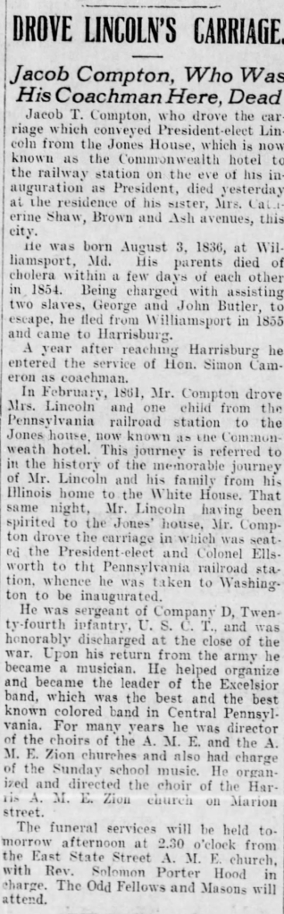Jacob Compton's Obituary, Harrisburg Daily Independent, September 07, 1905